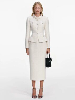 Self Portrait Cream Boucle Tailored Midi Dress